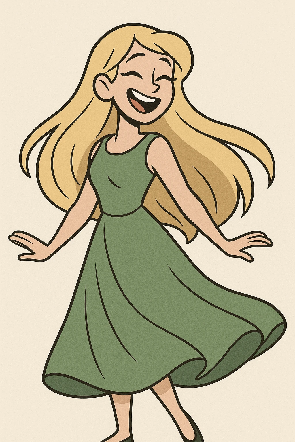 a girl in a flowing green dress, long blonde hair, smiling, minimal background emoji