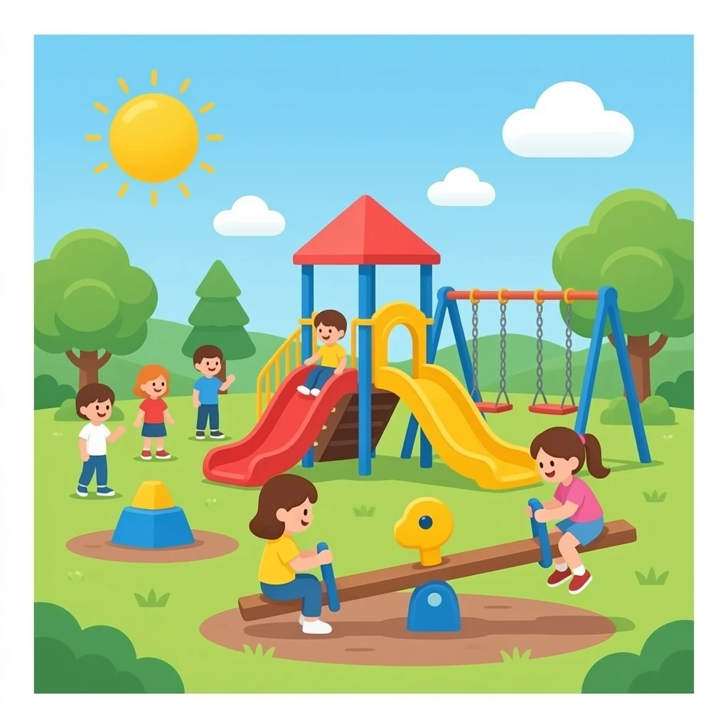 playground with seesaw, slides, swings and kids playing hide-and-seek emoji