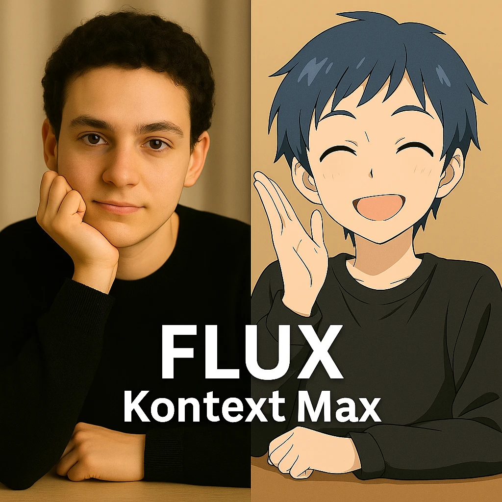 same similar image but chnage the text to "Flux Kontext Max", change people and pose too emoji