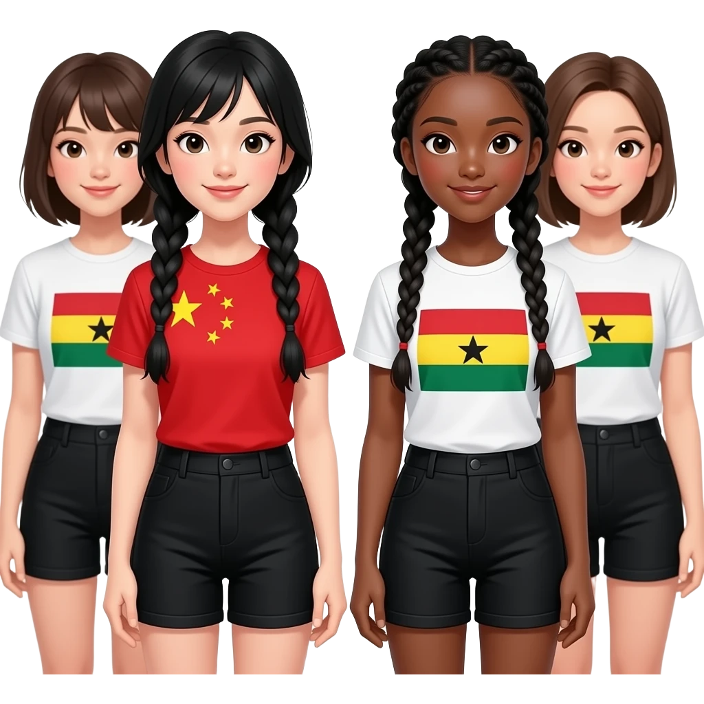 keep the girls the same but put their flags on their shirts and give them all black shorts put a chinese girl and a ghanan girl with them too make the ghanan girl have long braids emoji