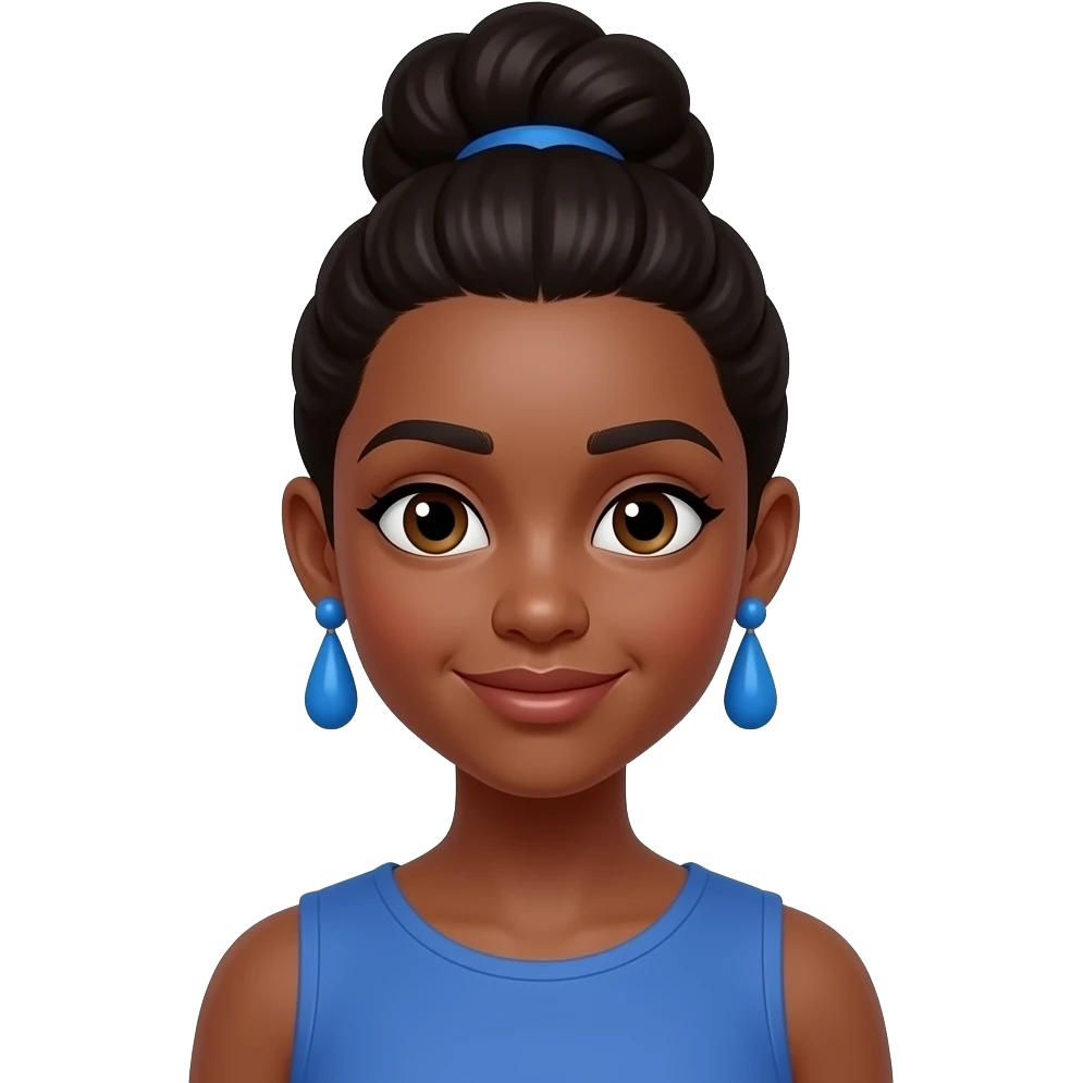 dark skin girl with bun and half body close up wear  vibrant blue earings emoji