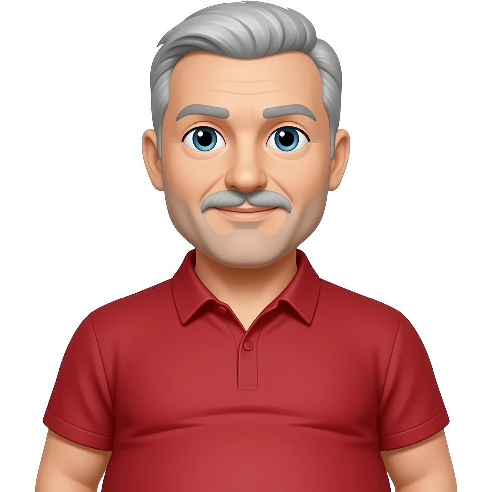 a man with light skintone, grey hair and mustache, red shirt and a visible fat stomach but the shirt and short grey hair emoji