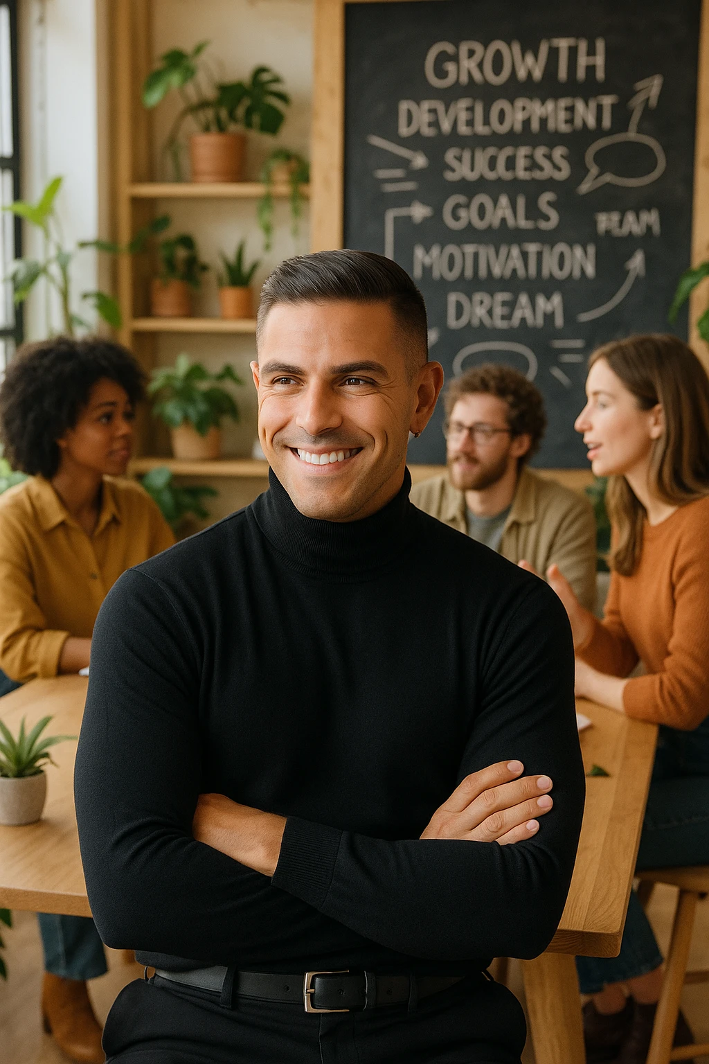 A confident man sitting in a cozy, modern coworking space, surrounded by positive, driven people engaged in creative conversation. He listens, learns, and occasionally smiles, visibly elevated by their presence. Behind him, a chalkboard or whiteboard with empowering words and ideas. The environment is filled with natural light, plants, and soft wooden textures. The atmosphere suggests emotional growth, support, and personal development. emoji