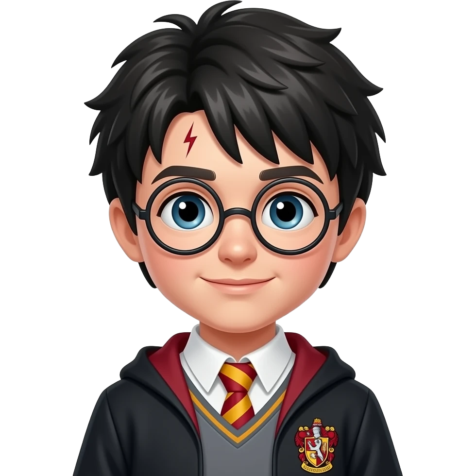 Harry Potter emoji, Apple style, clean 3D, soft gradients, teenage boy age 15–16, messy black hair, round glasses, lightning scar, Gryffindor accents, minimal icon, centered, white background, high detail emoji