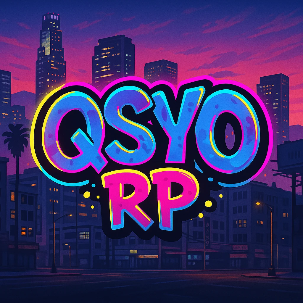 GTA V roleplay server logo featuring 'QSYO RP', graffiti style lettering, neon accents, city background, playful and urban emoji