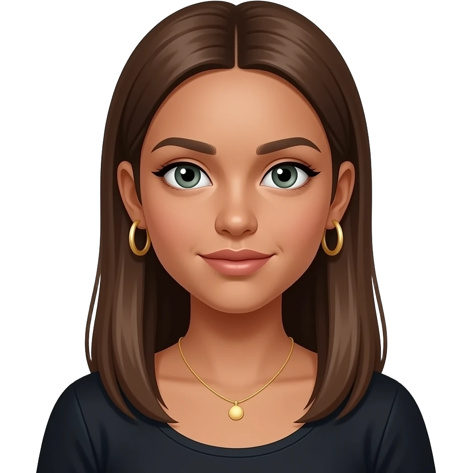 17 year old girl with straight long  brown hair in the front, green-grey eyes, tan skin, gold hoop earrings, dainty gold necklace, wearing a black top emoji