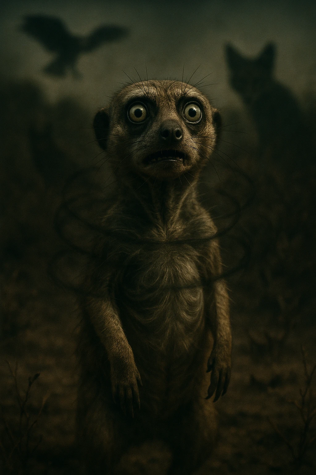A hyperrealistic, cinematic illustration of a small wild animal, such as a rabbit or a meerkat, with wide, alert eyes and tense body posture, standing in a dry, rugged environment with predators lurking in the shadows. The animal's chest is visibly rising and falling rapidly, representing short, shallow breathing due to constant fear and vigilance. The background is dimly lit, with faint shadows of predators like hawks or foxes barely visible, symbolizing the ever-present threat. Around the animal, subtle visual representations of tension and stress appear as tight, dark rings or smoke near its chest and head, while the environment feels heavy and oppressive. The color palette is muted earth tones, with sharp focus on the animal’s tense face and rapidly moving chest, while the environment around is slightly blurred, emphasizing the feeling of isolation and perpetual fear. The style is 35mm film hyperrealistic with a storytelling, National Geographic documentary aesthetic, capturing the concept of an animal constantly living in fight-or-flight, breathing fast and shallow to survive emoji