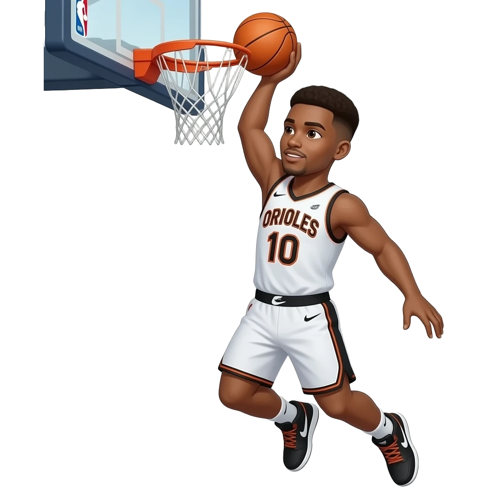 make a brown 22 year old with a brown low taper fade wearing the number 10 and the jersey is white with letters saying orioles in black and the 22 year old is dunking in nike js 3 shoes emoji