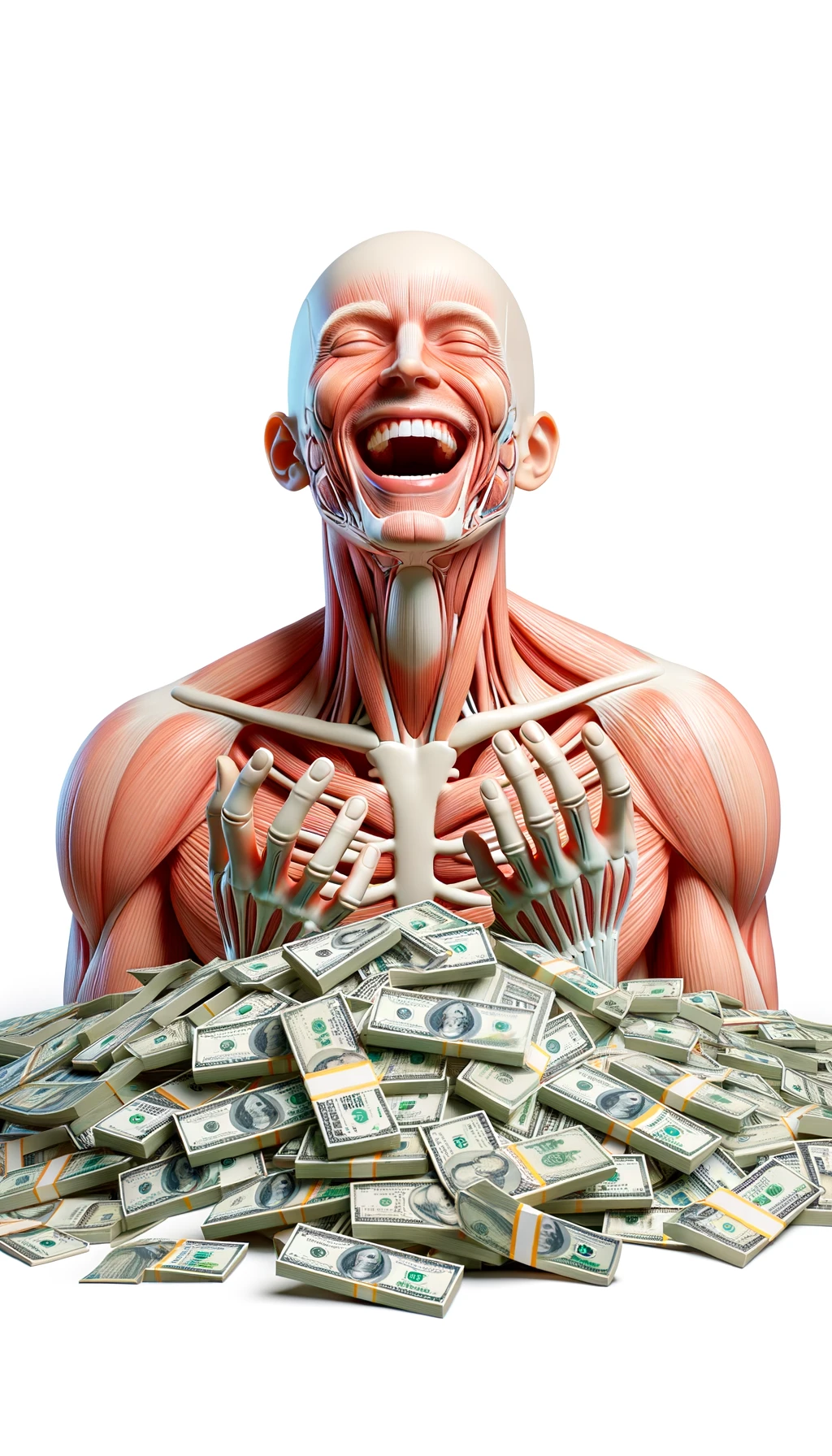corpo umano anatomico sereno e felice con una montagna di soldi davanti, espressione stupita, iperrealistica 4k, isolato su sfondo bianco emoji