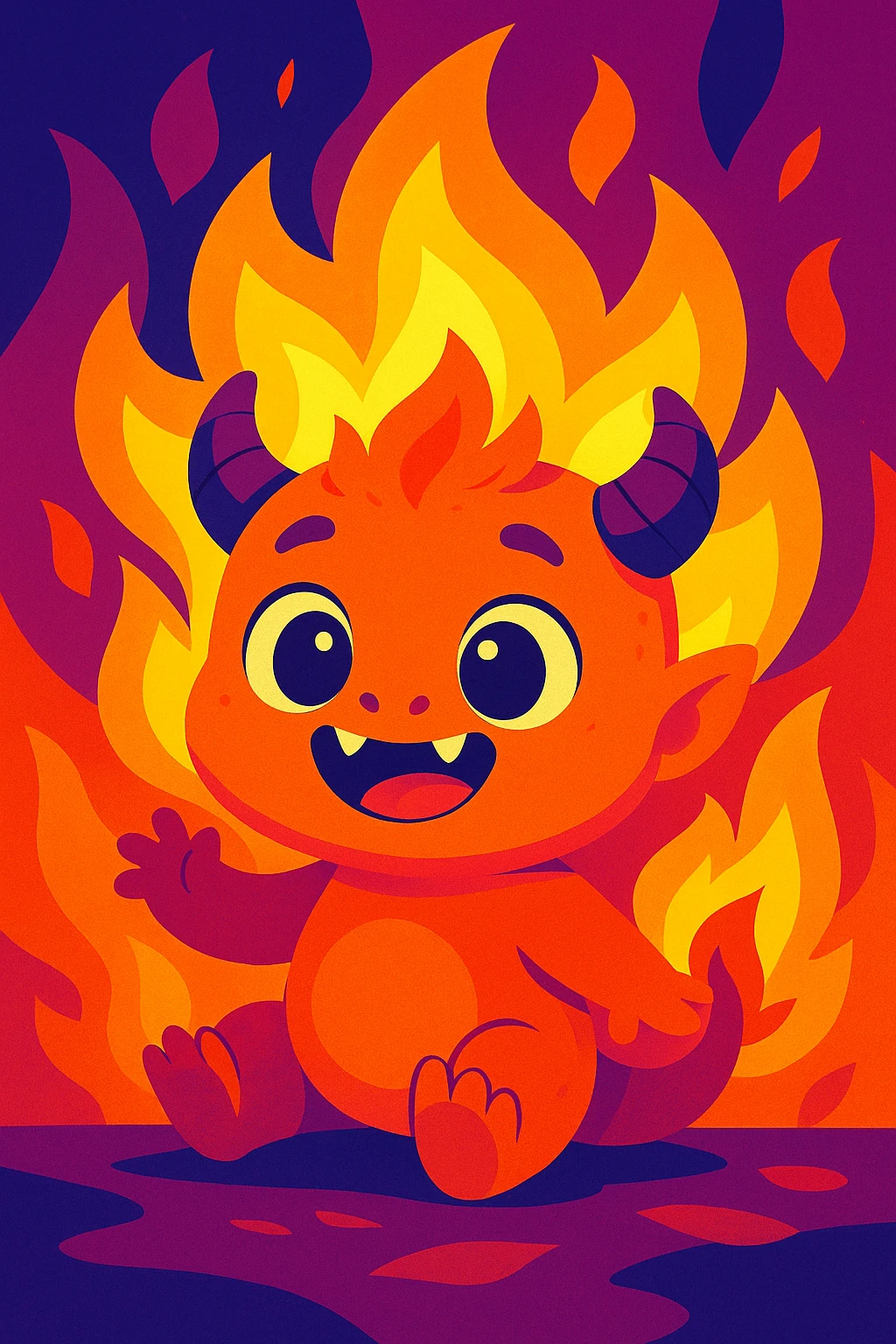 adorable baby monster in flames, playful and friendly expression, vibrant colors, fantasy illustration emoji