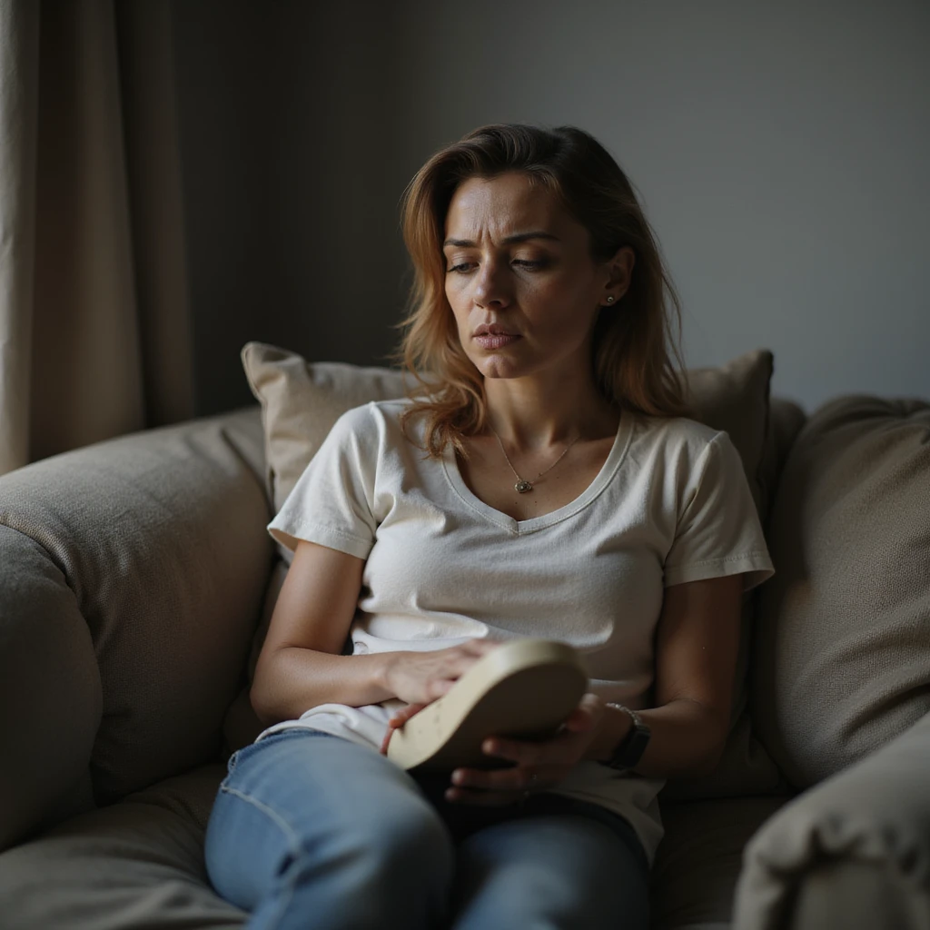 realistic 4K woman sitting on sofa holding insole, looking at foot with dissatisfied expression, natural light emoji
