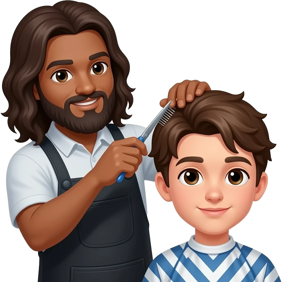 A barber with long hair and a beard, brown skin, cutting the hair of a brown-haired teenager while they talk emoji