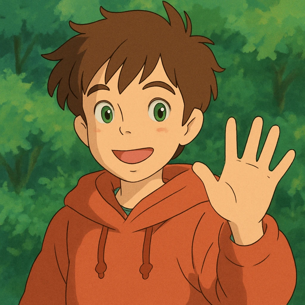 A boy brown hair green eyes with hoodie a hand and say hello emoji