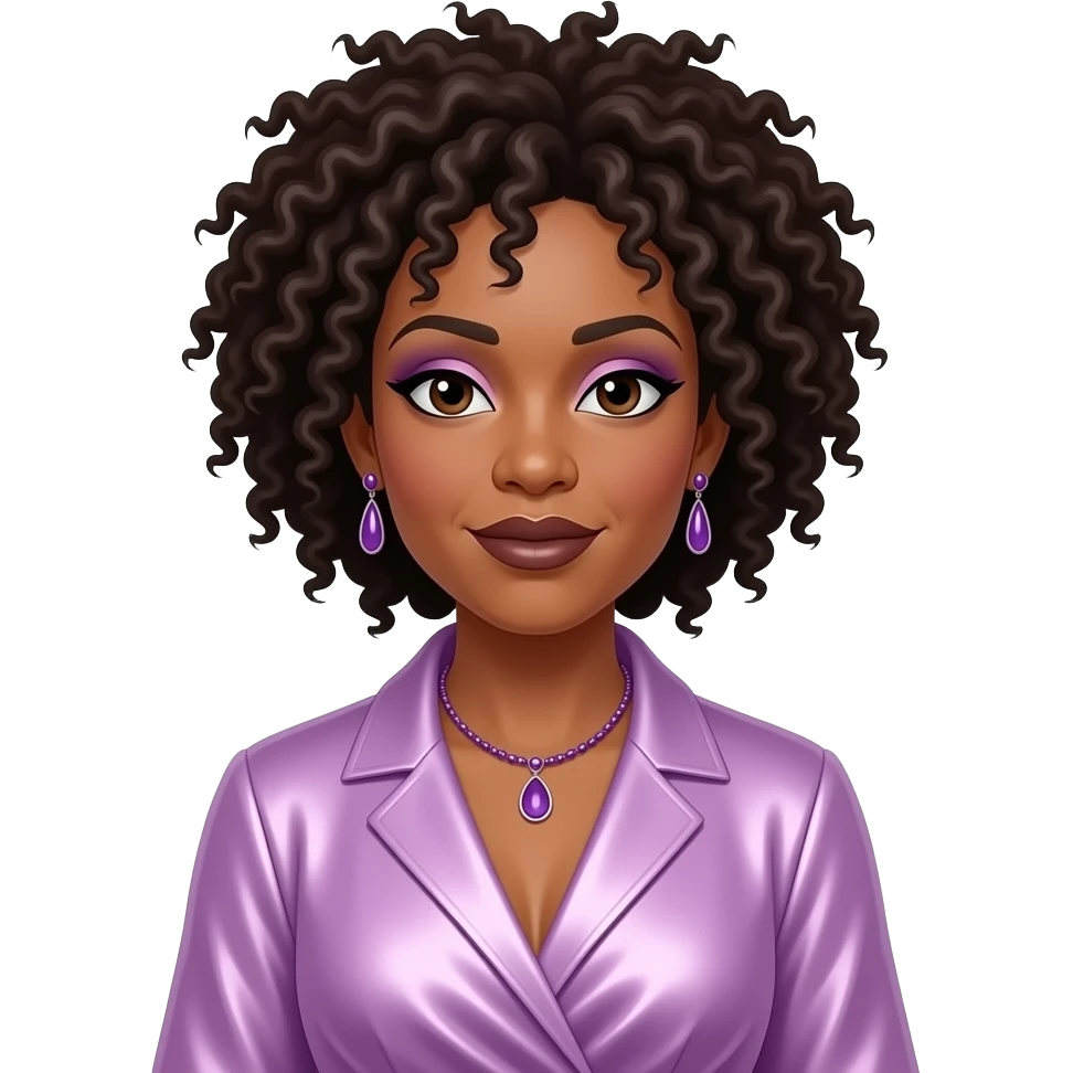 Macy Gray with dark brown eyes, dark brown afro hair, lilac eyeshadow, dark brown lipstick, lavender pink metallic wrap shirt, lilac necklace and earrings emoji