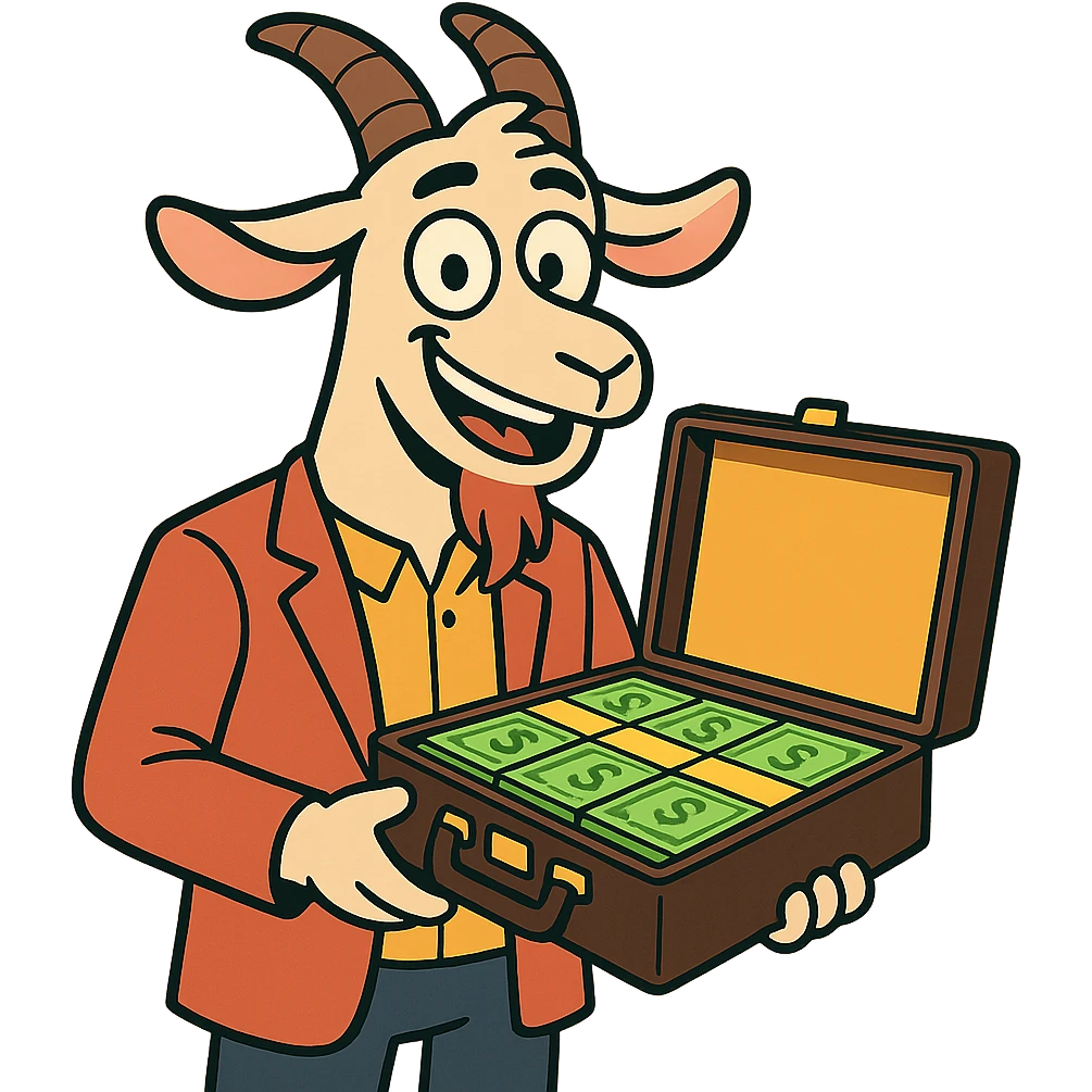 smiling goat holding a briefcase of cash, flat modern style, bright saturated colors golds greens reds, minimal but expressive, universal look emoji
