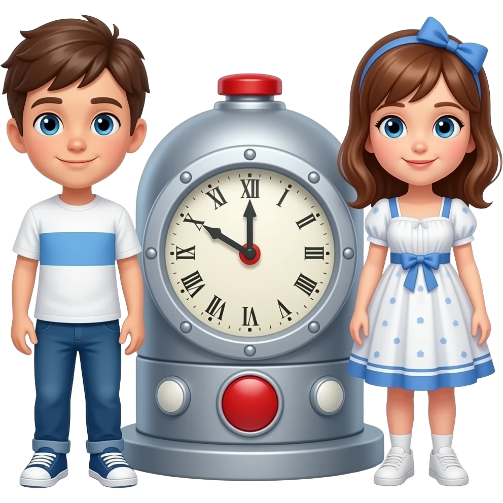 hacme una maquina del tiempo con un boton rojo un chico y una chica lo estan a punto de apretar, con ojos azules tocando la maquina del tiempo, la chica tiene el pelo color avellana con un peto de vestido i el chico castanyo con camiseta blanca y una raya azul emoji