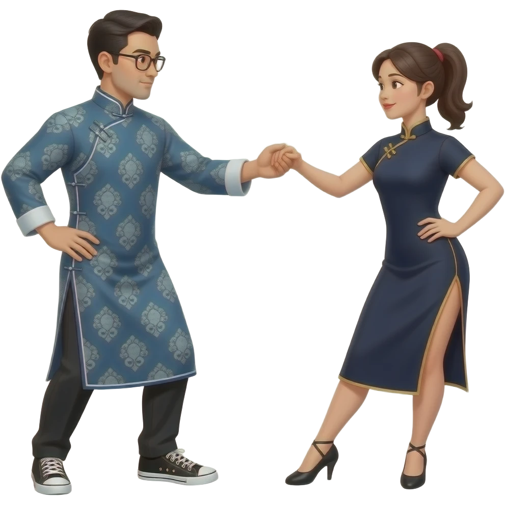 male with glasses in long cheongsam dress only and dancing sneakers. show whole body profile with right hand outstretched to grasp a lady dancer's hand. emoji