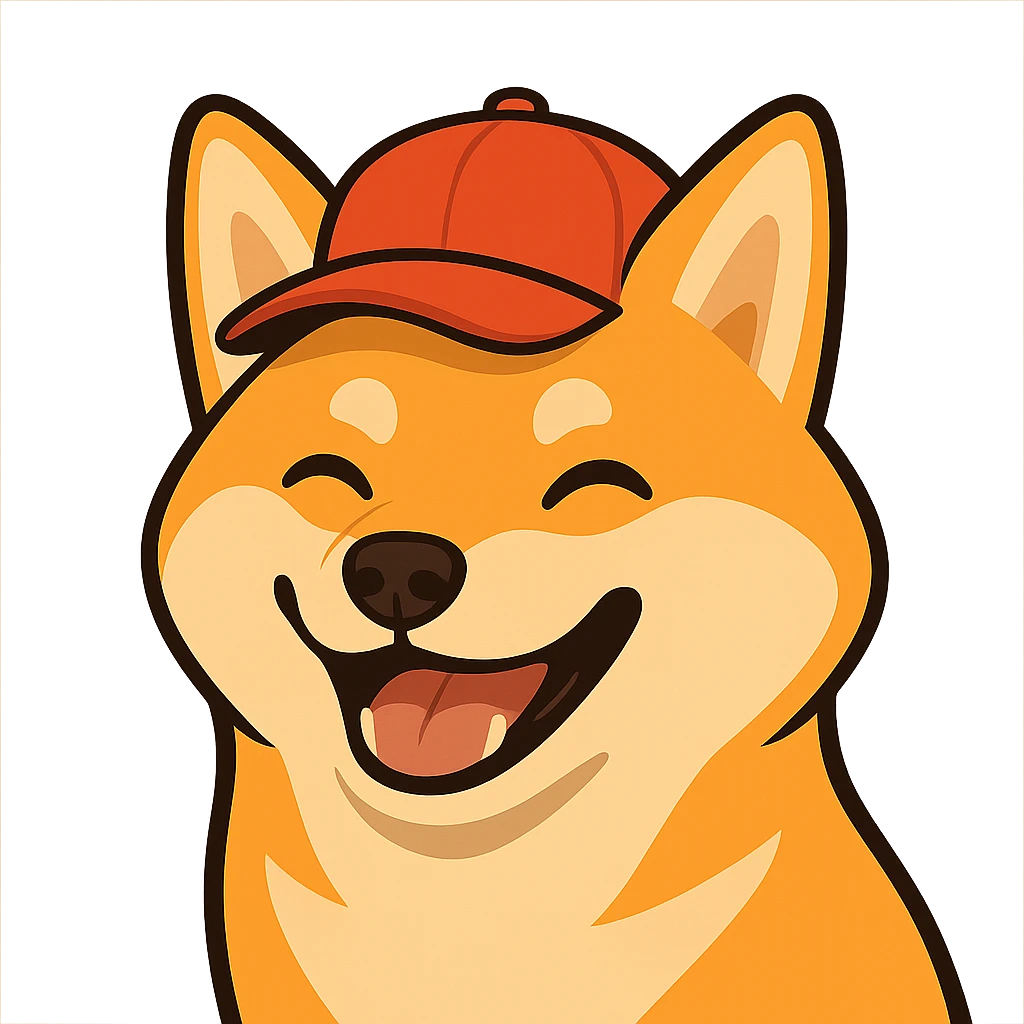 modern style Shiba Inu wearing a red hat, smiling, transparent background emoji
