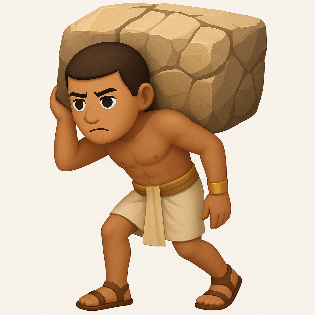 Create a fullbody ancient Egyptian worker, no fancy hat, carrying a rock block on their back, in a slightly different pose. The style should resemble emoji style with simple and concise features. emoji