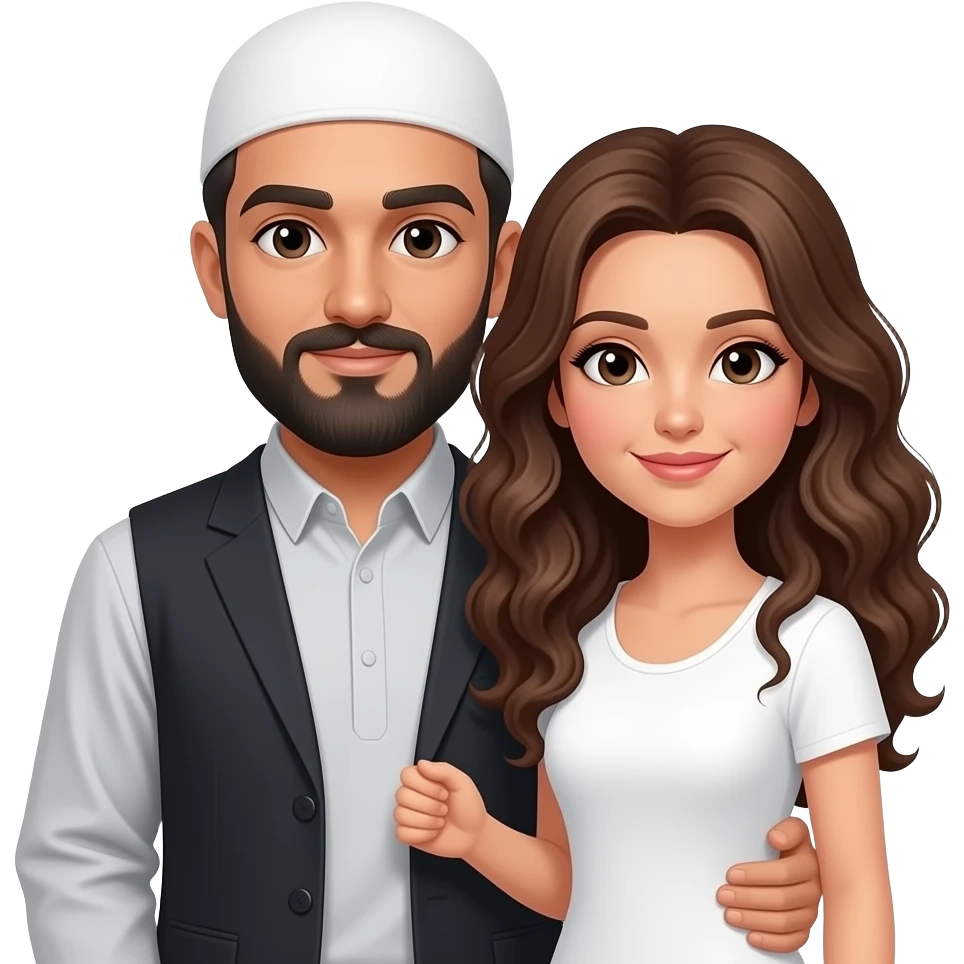 Black bald bearded no mustache Muslim man, bald, no hat, holding a white, long curly brown haired white female  No mustache on man With a bald head with nothing on his head With no hat on his head only skin showing on his bald head Square standard square Muslim hat emoji