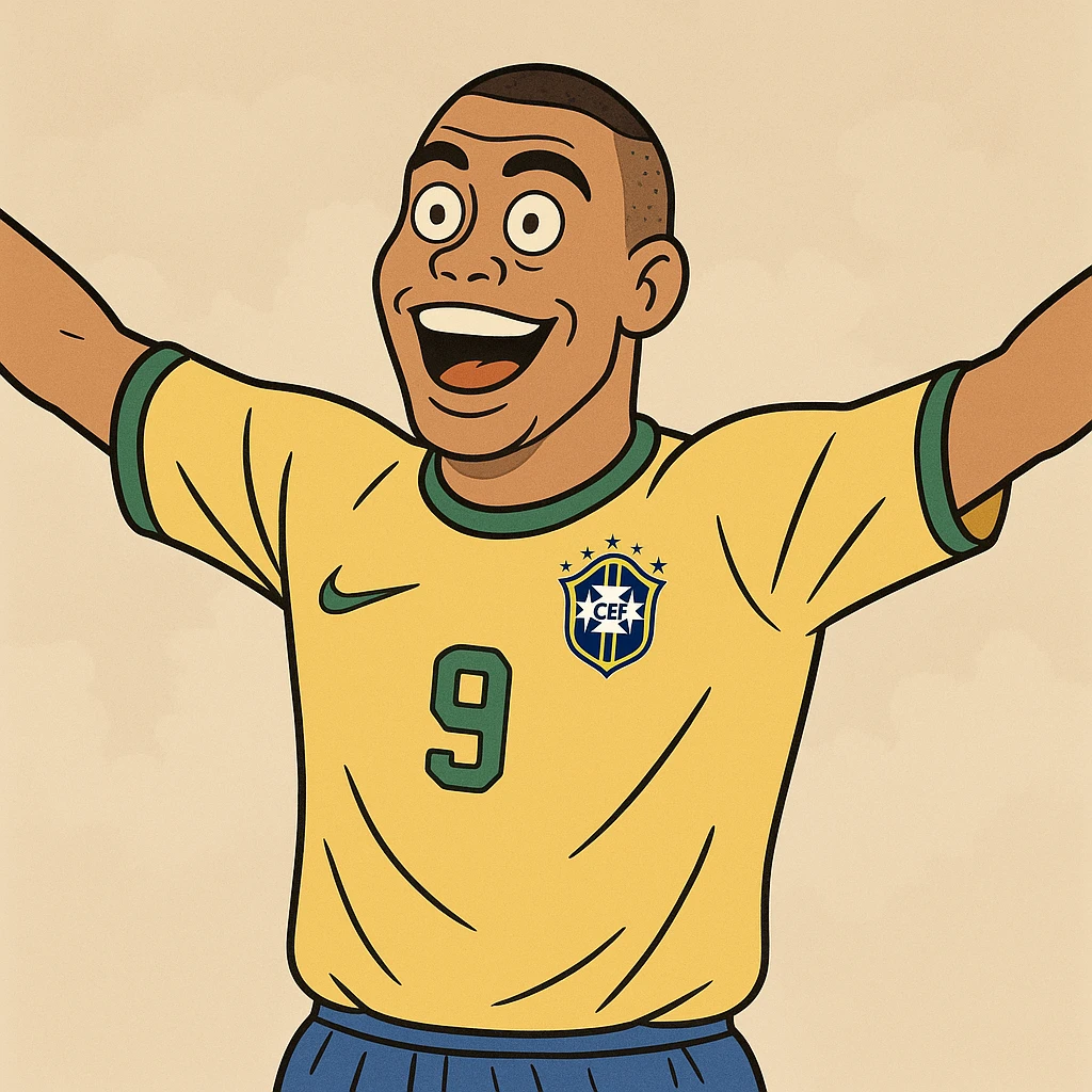 cartoon illustration of Ronaldo Fenômeno, celebrating a goal, arms outstretched, Brazil jersey emoji