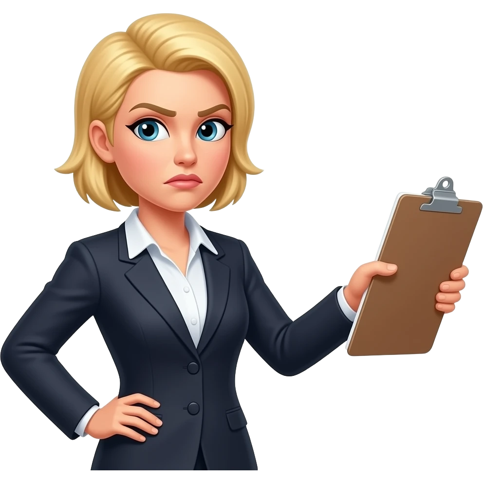 Blonde  SPIKED hair female lawyer withone hand on her hip and the other hand dropping a legal pad with disgusted look on her face emoji