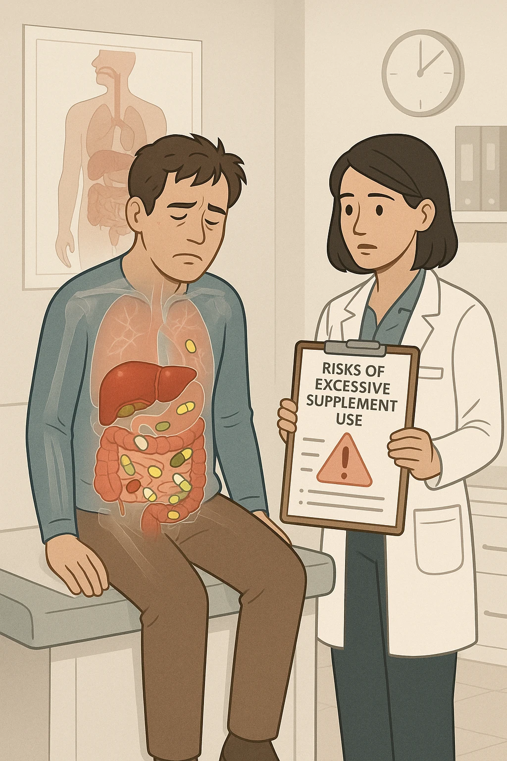 a man sits on a doctor’s examination table, looking fatigued and uncomfortable. A transparent anatomical overlay reveals his liver and intestines, both appearing inflamed and congested, with stylized supplement capsules and pills scattered throughout the digestive tract. The doctor stands nearby, holding a chart that highlights the risks of excessive supplement use. The mood is clinical and educational. emoji