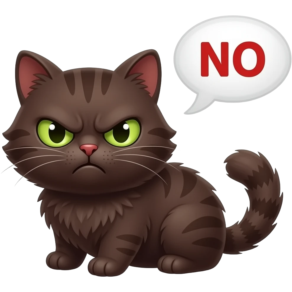 Cute grumpy angry dark brown scrunkly cat with green eyes saying “NO” in red letters with a speech bubble emoji