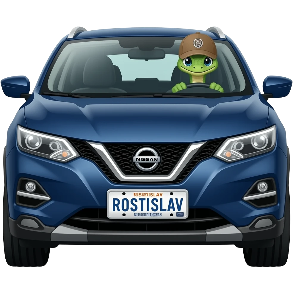 A snake in a cap with the inscription "Rostislav" is driving a dark blue Nissan Qashqai. The inscription is on a Kentucky license plate. emoji