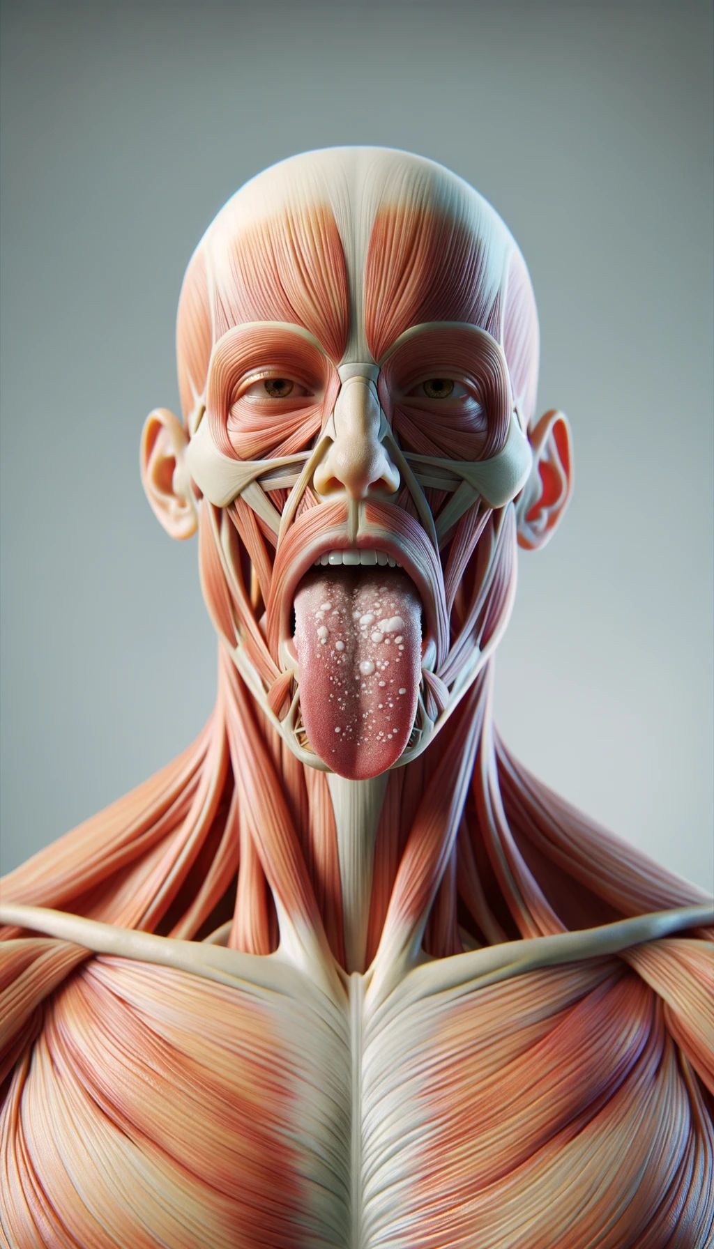 CORPO UMANO ANATOMICO IN PIEDI FRONTALMENTE CHE TIENE LA LINGUA UN PO' FUORI ED è PIENA DI MACCHIE BIANCASTRE, NEUTRAL CLEAR BACKGROUND, COLORI REALISTICI DEI MUSCOLI, iperrealistico 4k emoji