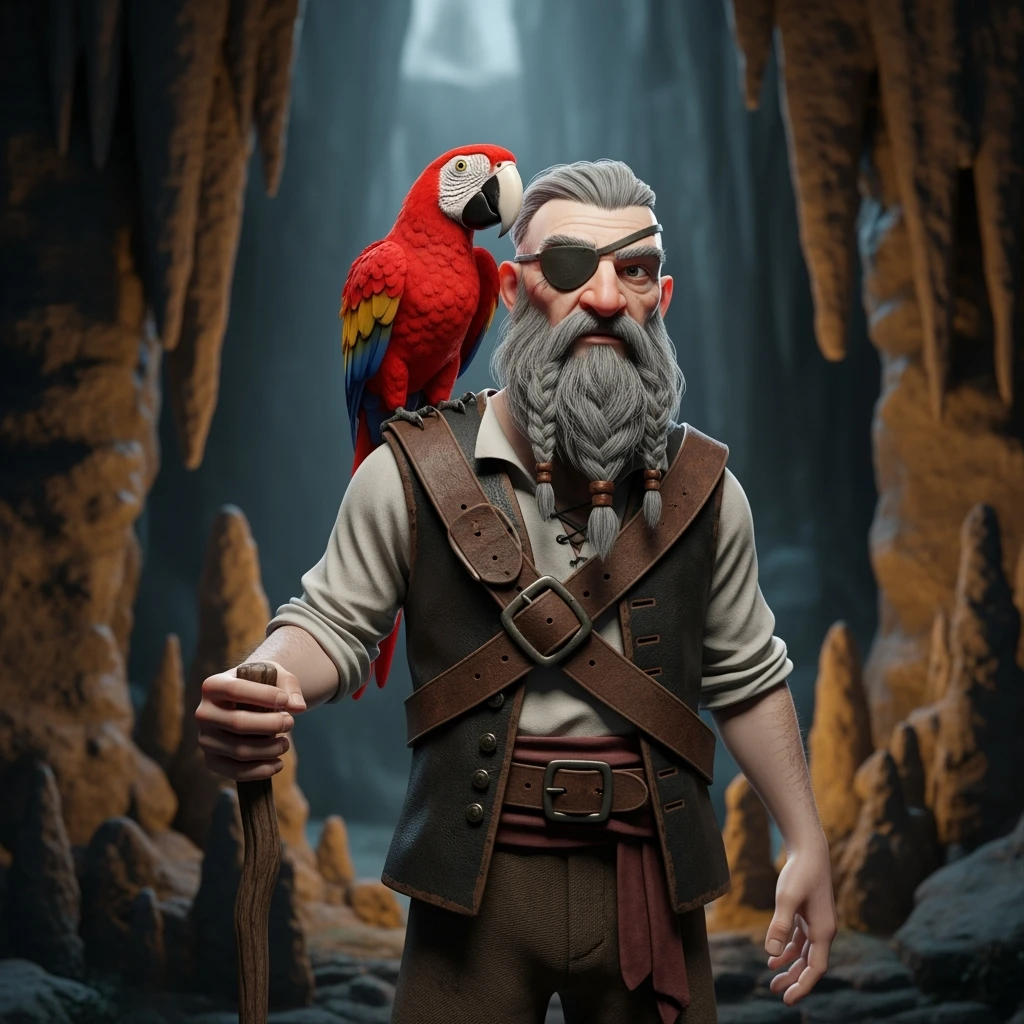 3d art of a pirate with eye patch and parrot in  emoji