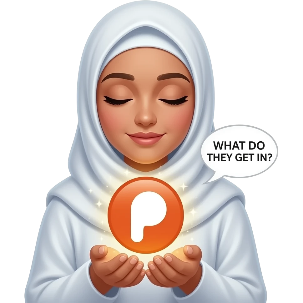 An ethereal Muslim woman, closed eyes, wearing a soft white satin hijab, gently cupping a luminous Patreon icon made of liquid light. Text bubble: 'WHAT DO THEY GET IN?'. Isolated on white, magical stardust, 3D icon style emoji