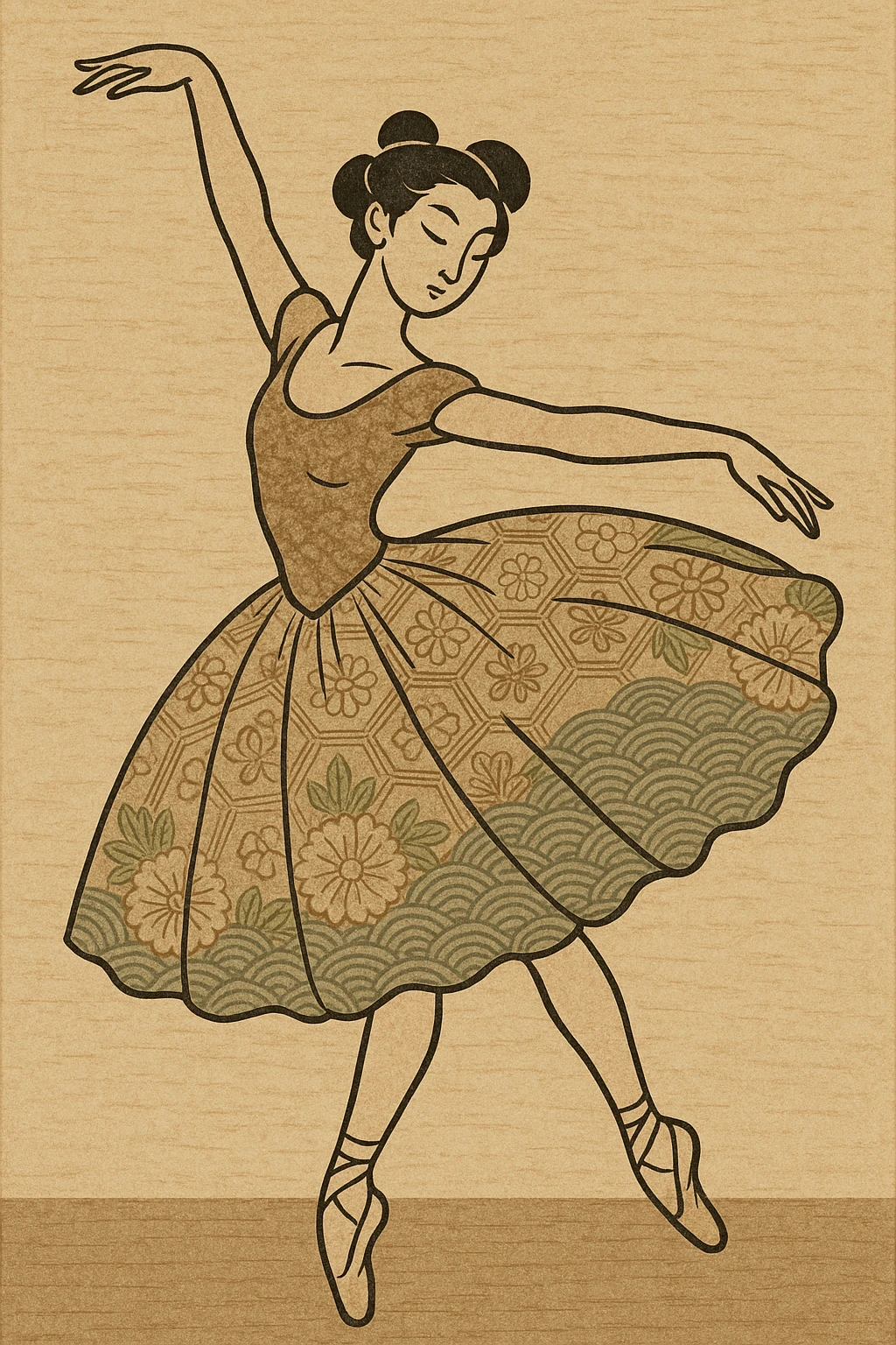 ballerina, 2D illustration style, ukiyo-e emoji