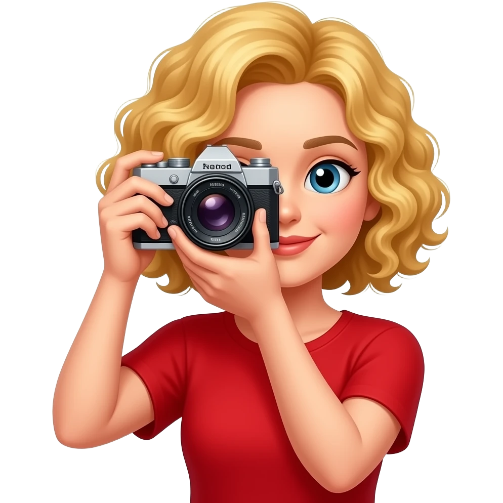blonde tight curly hair in a short bob taking a photo with 1800 camera in a red short sleeve emoji