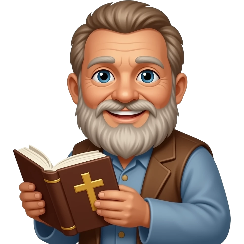 wise old man with greying brown hair white beard brown skin smile with book that has a cross on it emoji