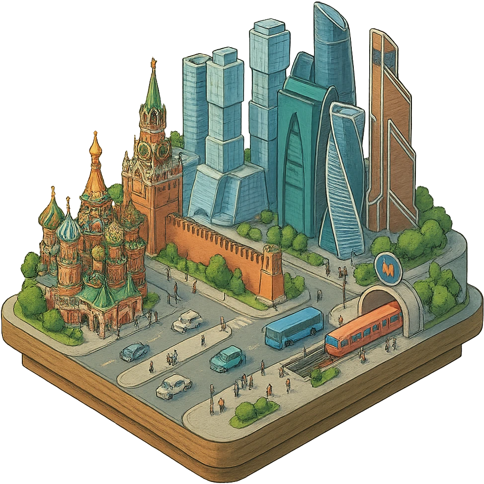 Изометричная миниатюрная 3D модель Москвы на подставке - фотореалистичный Кремль, собор Василия Блаженного, фотореалистичный Башни Москва-Сити, аккуратная детализация, четкие линии, яркие цвета, мультяшный реализм, гуляют люди и современный автотранспорт и метро, компактная композиция, вид сверху в изометрии, прозрачный фон emoji