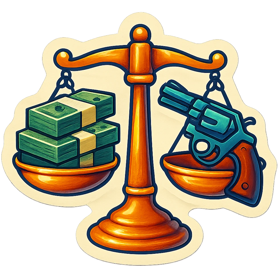Весы, на одно чаше куча пачек долларов, на другой револьвер emoji