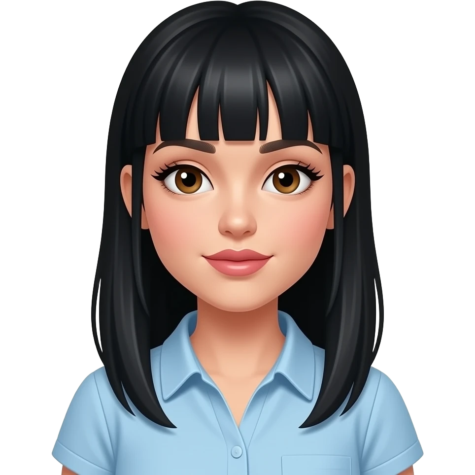 white girl, very beautiful woman, with big plump lips, long long lashes, black straight hair with face framing pieces tucked behind ears, brown eyes, light blue summer shirt emoji