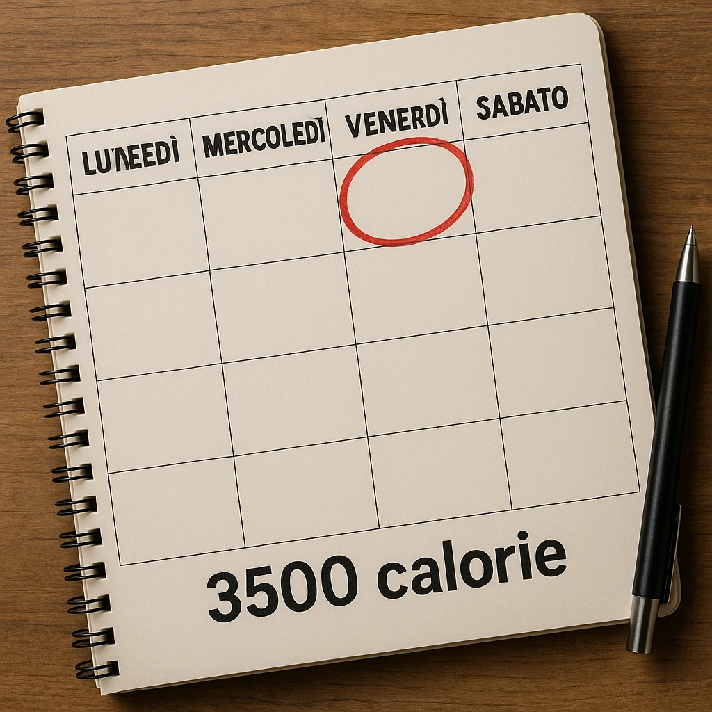 A hyperrealistic weekly calendar viewed from above in Italian, showing days from Monday to Sunday. Friday is circled in red. Below Sunday, the text '3500 calorie' is clearly visible. The image has 4K details and a desk atmosphere. emoji