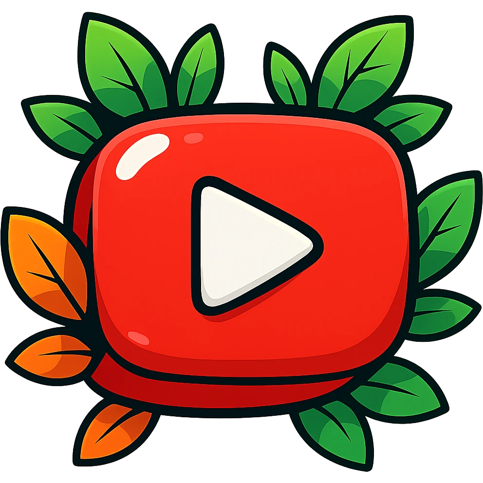 Super plump, smooth YouTube logo, vibrant toon style, thick black outline, expressive solid shadows, glossy highlights, surrounded by bright leaves, no background. Emphasize rounded shapes, contours, and shine, matching the reference style, but keep the look flat and drawn. emoji