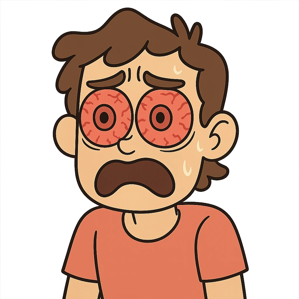 a person with big, reddened eyes, looking shocked and uncomfortable, as if vinegar was dripped into their eyes, cartoon style, clear facial expression emoji