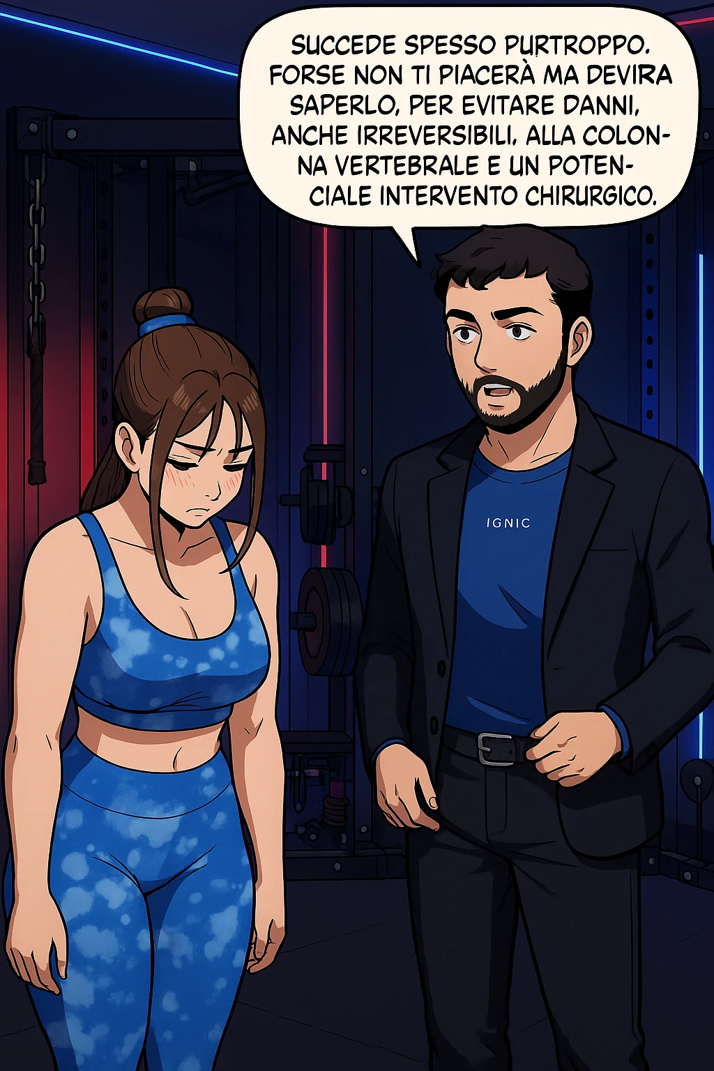 fai questa immagine in versione fumetto/manga/webtoon a colori, il manga mostra l'uomo che risponde alla donne:
Succede spesso purtroppo. 
Forse non ti piacerà ma devi saperlo, per evitare danni, anche irreversibili, alla colonna vertebrale e un potenziale intervento chirurgico. emoji