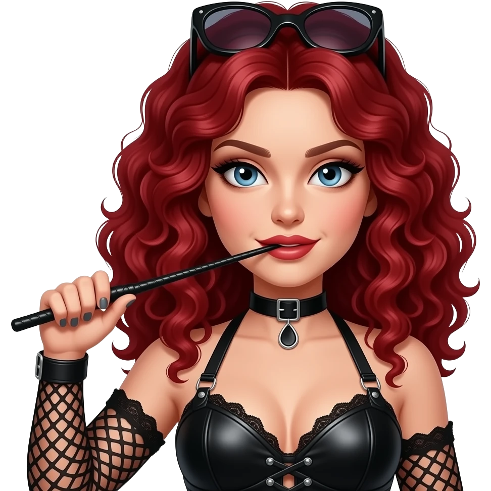 Dark red hair curly, with a whip, kinky dominatrix clothing emoji