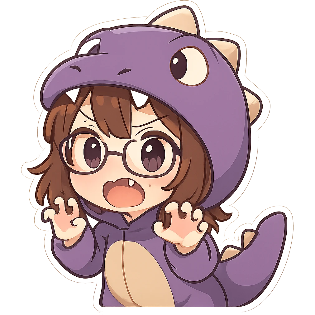 Chibi anime style girl with glasses, brown hair, dark purple eyes, wearing a purple dinosaur costume, surprised expression, clawing the air with her hands, showing her teeth, no controller, no background. emoji