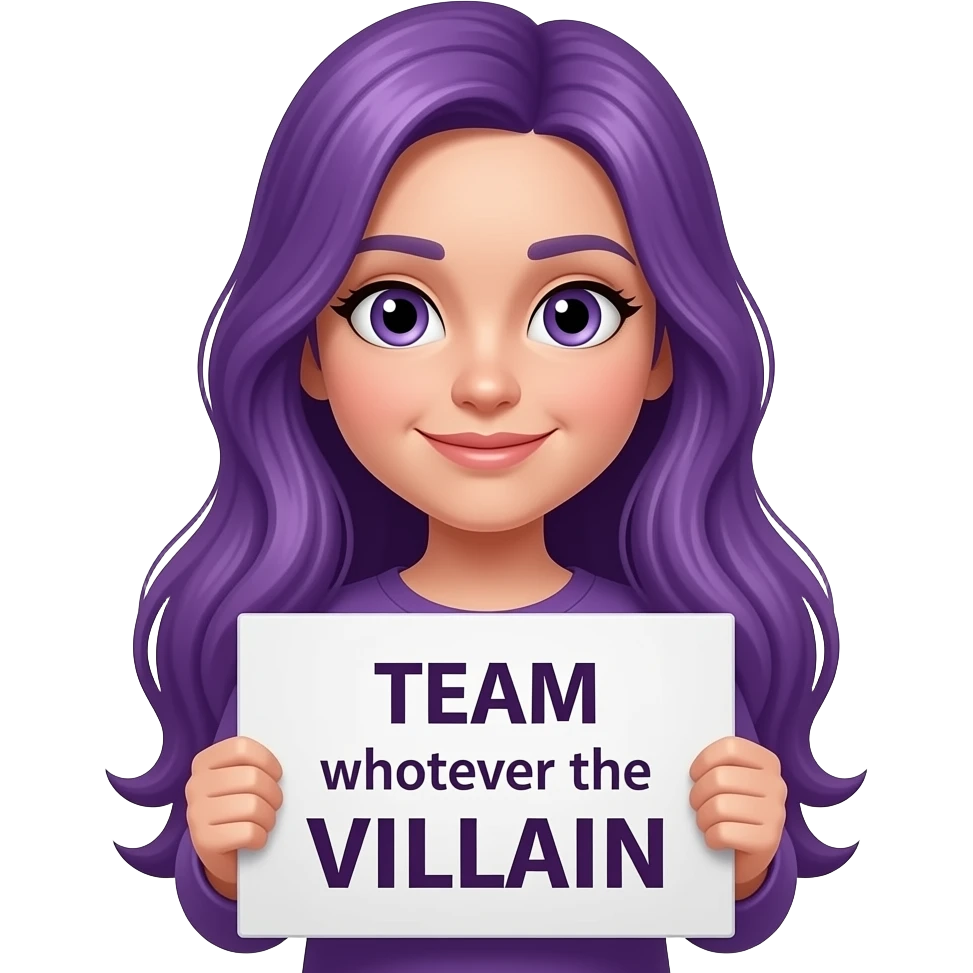 girl with long purple hair holding a TEAM whoever the VILLAIN is sign emoji