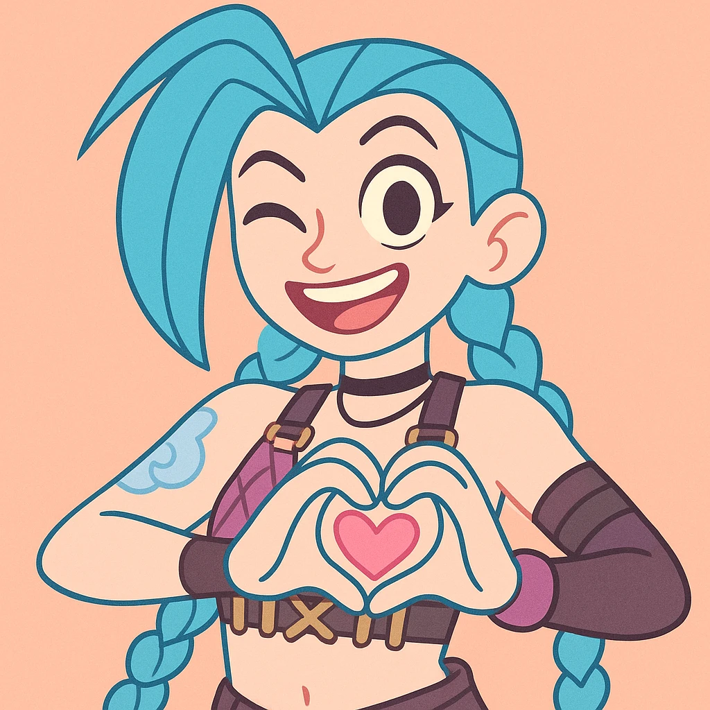 Jinx from League of Legends making a heart gesture with her hands, pastel toon style emoji
