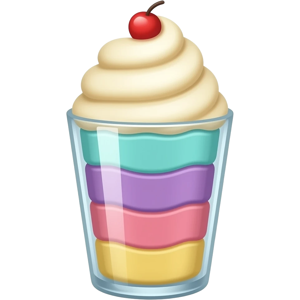 sundae dans un verre transparent, multicolore pastel, couleurs turquoise mauve rose jaune, étagé emoji