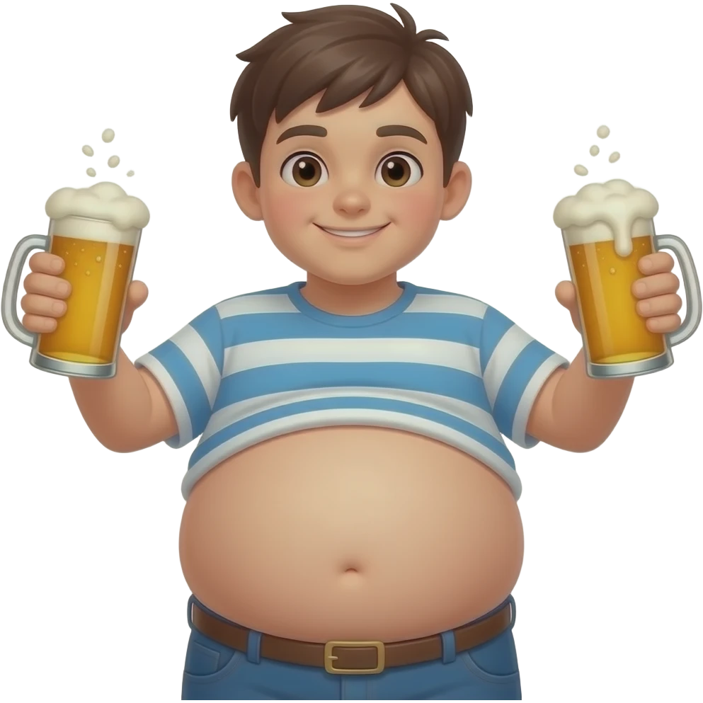 Zrób chłopak 12 latek z piwny brzuchem🫄🏼 kształt jak piłka twarty brzuch i bardzo ogromny brzuch i trzyma oba piwa 🍻 emoji