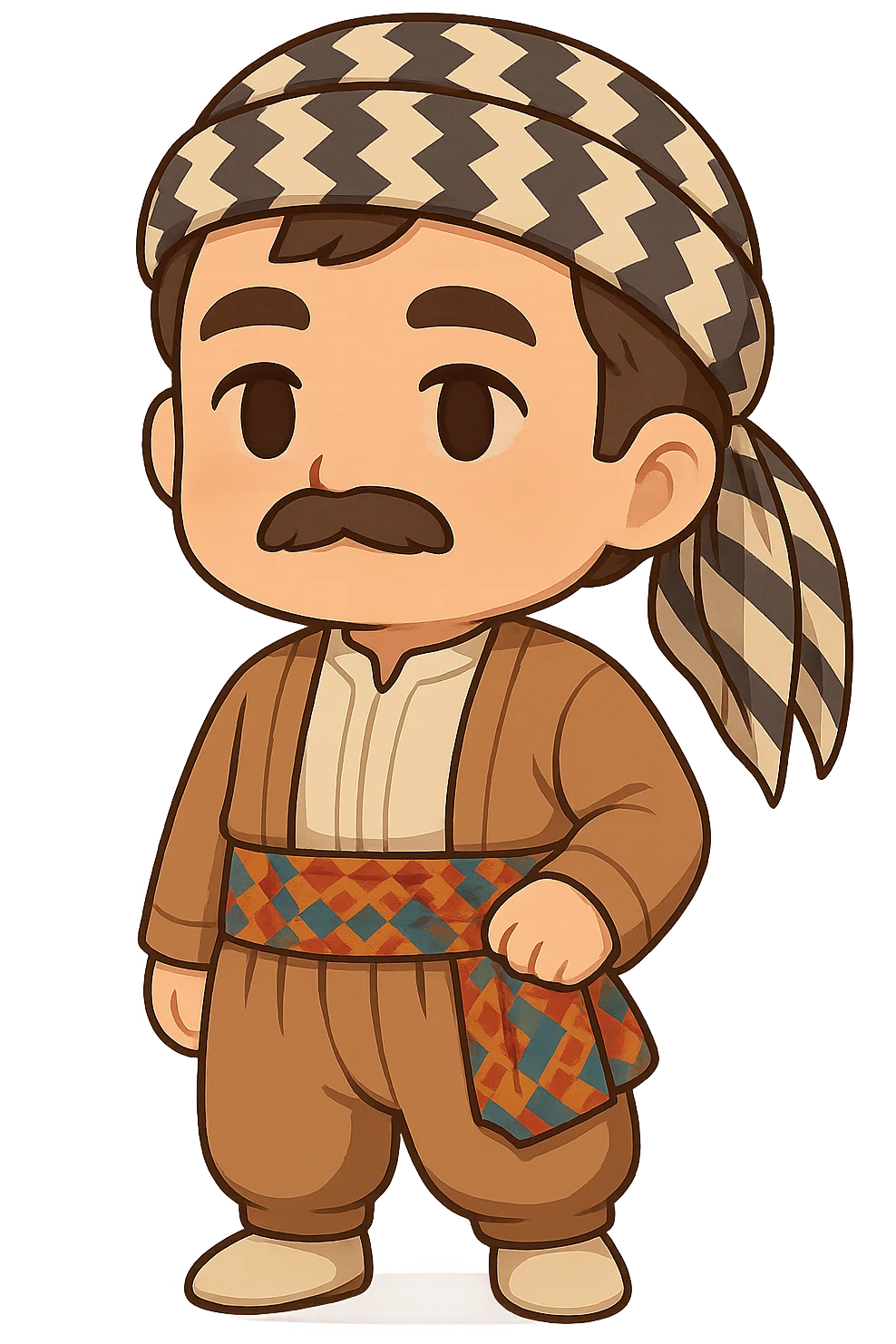 Create a chibi Kurdish cartoon sticker based on the reference image, showing a neutral (calm) expression, with a transparent background. emoji