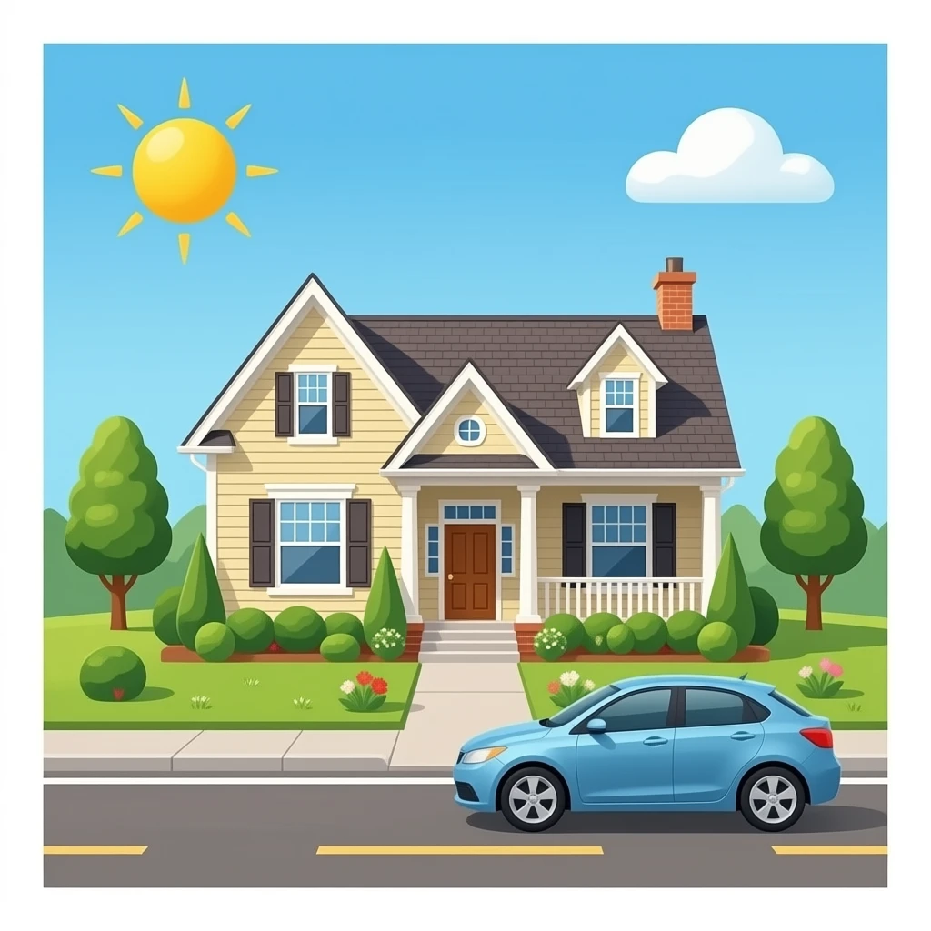 Big house with kids playing and with car emoji